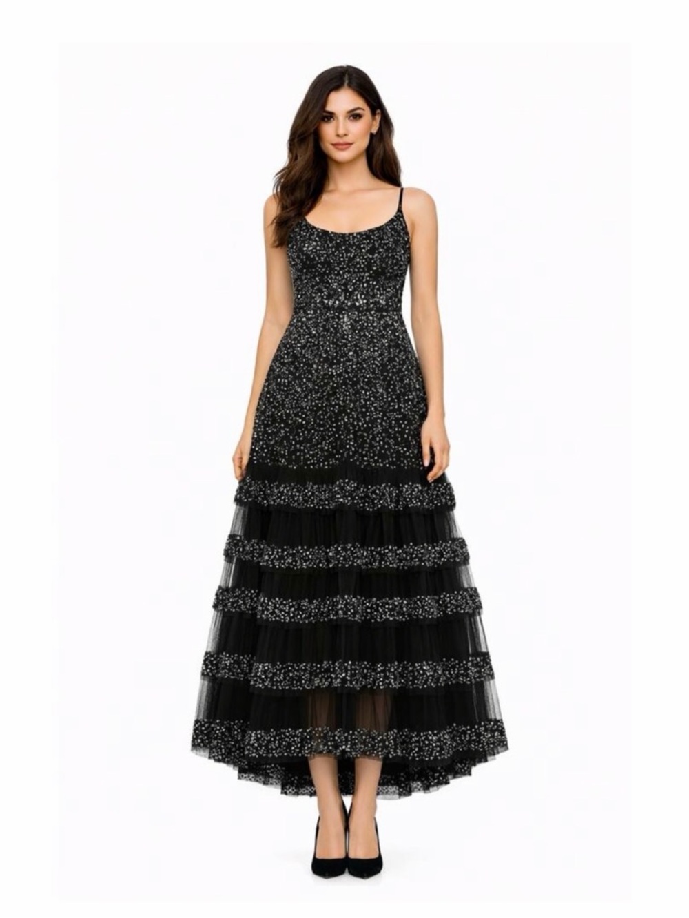 Mac Duggal Black Sequin Tiered Maxi Dress